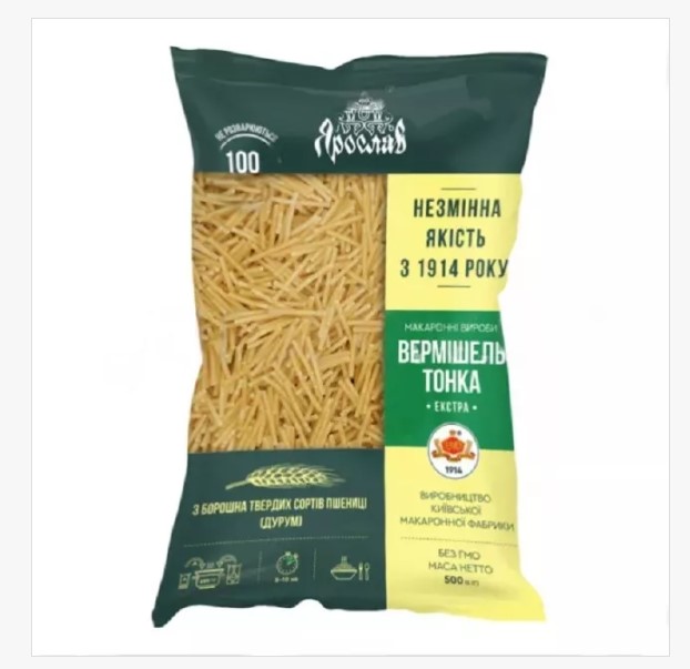 Макаронні вироби із борошна твердих сортів пшениці група А, тип павутинка, бренд Ярослав